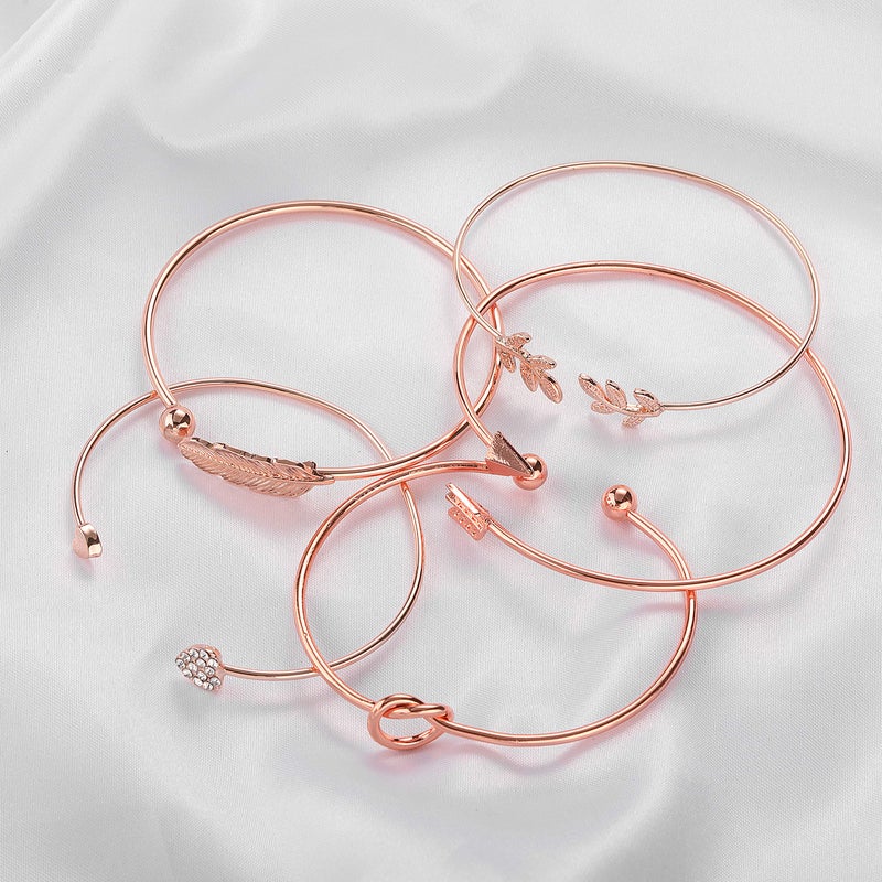 Softones 5pcs Bangle Rose Gold Bracelets for Women Heart|Olive Leaf|Arrow|Feather|Knot Heart Open Cuff Bracelet Set Adjustable - Image 4